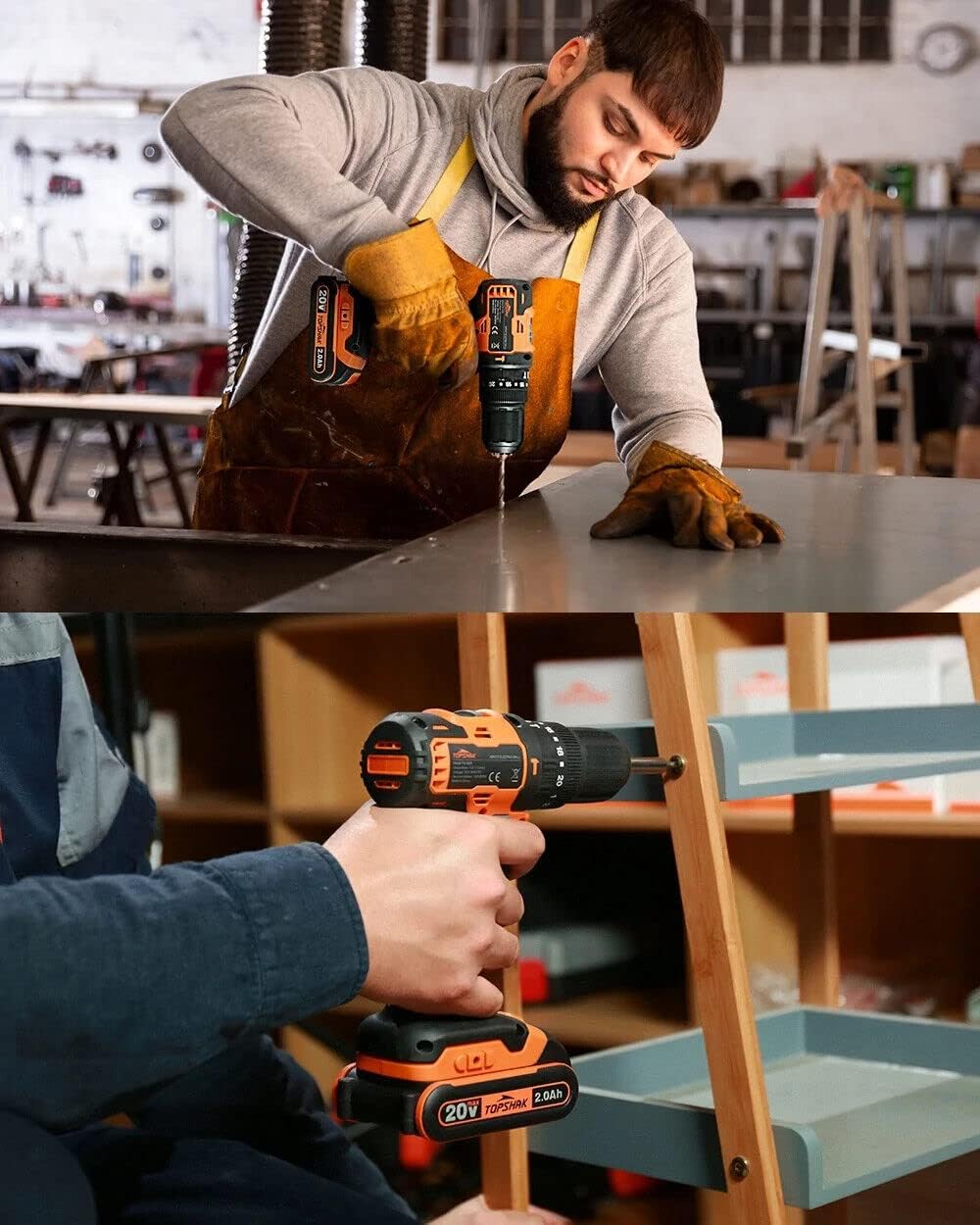 Person using TOPSHAK TS-ED5 drill for drilling into a metal surface and driving a screw into wood
