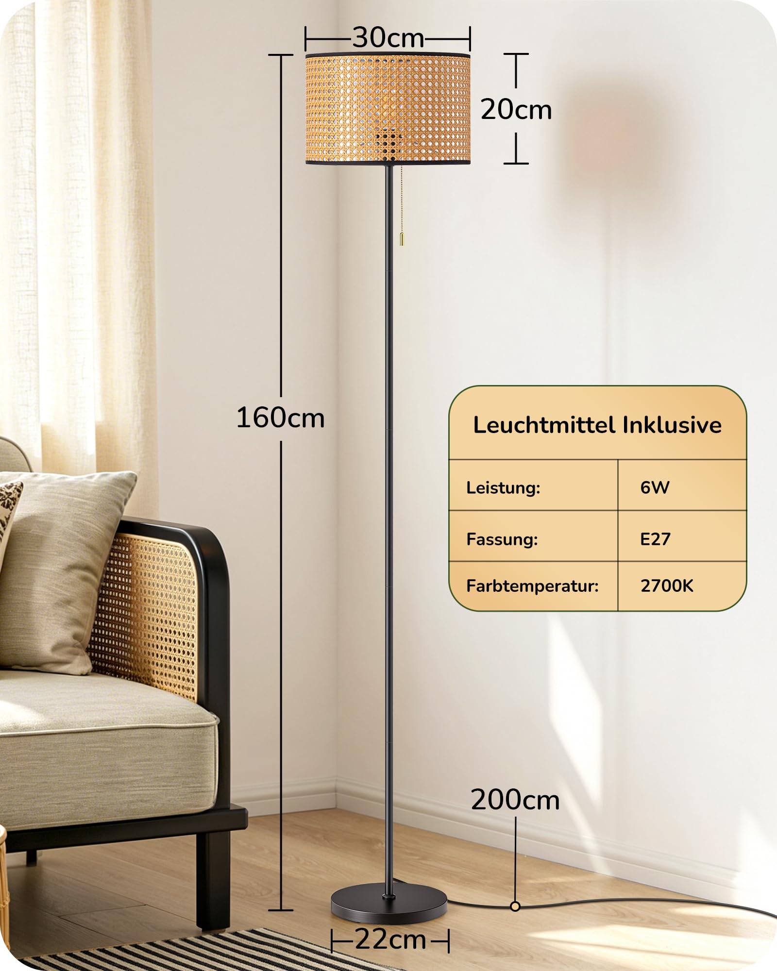 EDISHINE Stehlampe Wohnzimmer, Moderne Stehleuchte Schwarz mit Rattan-Lampenschirm und Zugschalter, E27 Fassung inkl. LED-Lampe, 2700K Warmweiß für Schlafzimmer, Flur