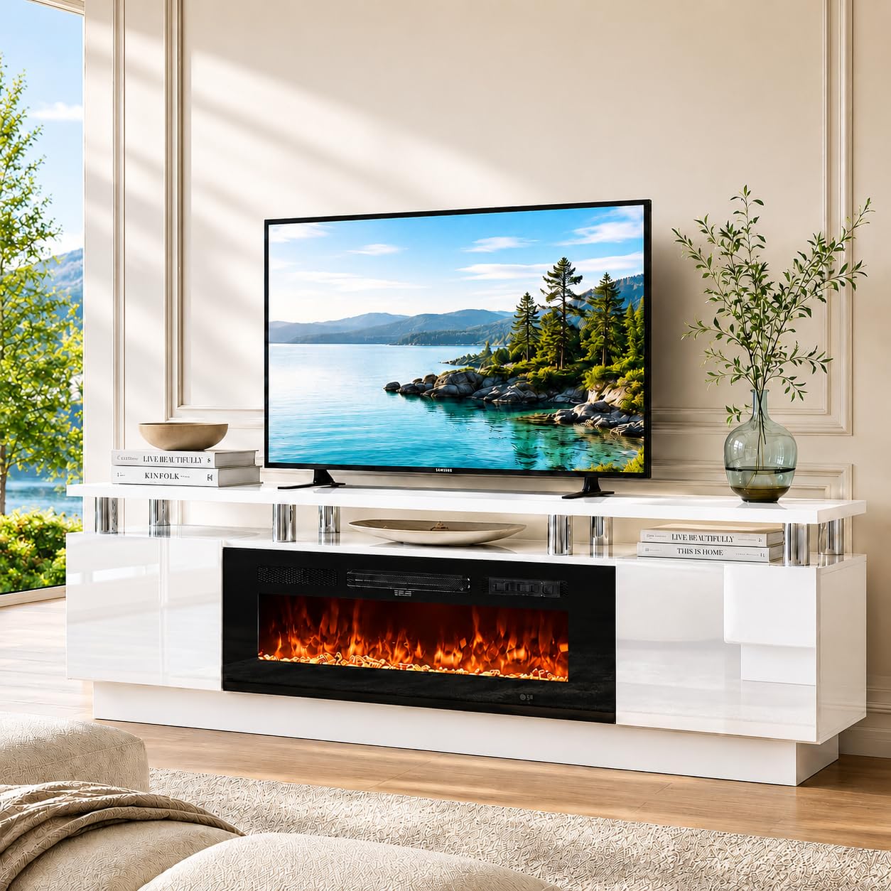 70" TV Stand & Entertainment Center, Media Console with Storage Shelves, Fits TVs up to 80", Modern Living Room Furniture, 36" Electric Fireplace (White+Black)-image-19