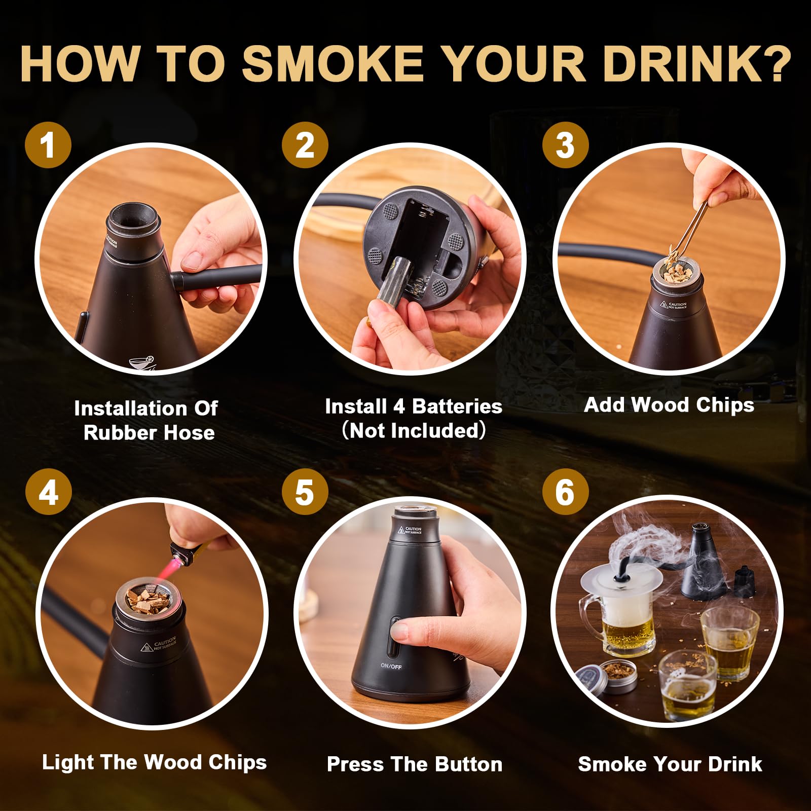 Smoke Gun - Kit completo para ahumar cócteles con 4 sabores de madera, accesorios y cepillo, kit de ahumador de bebidas perfecto para infundir sabor en cóctel (negro (tomo no incluido)