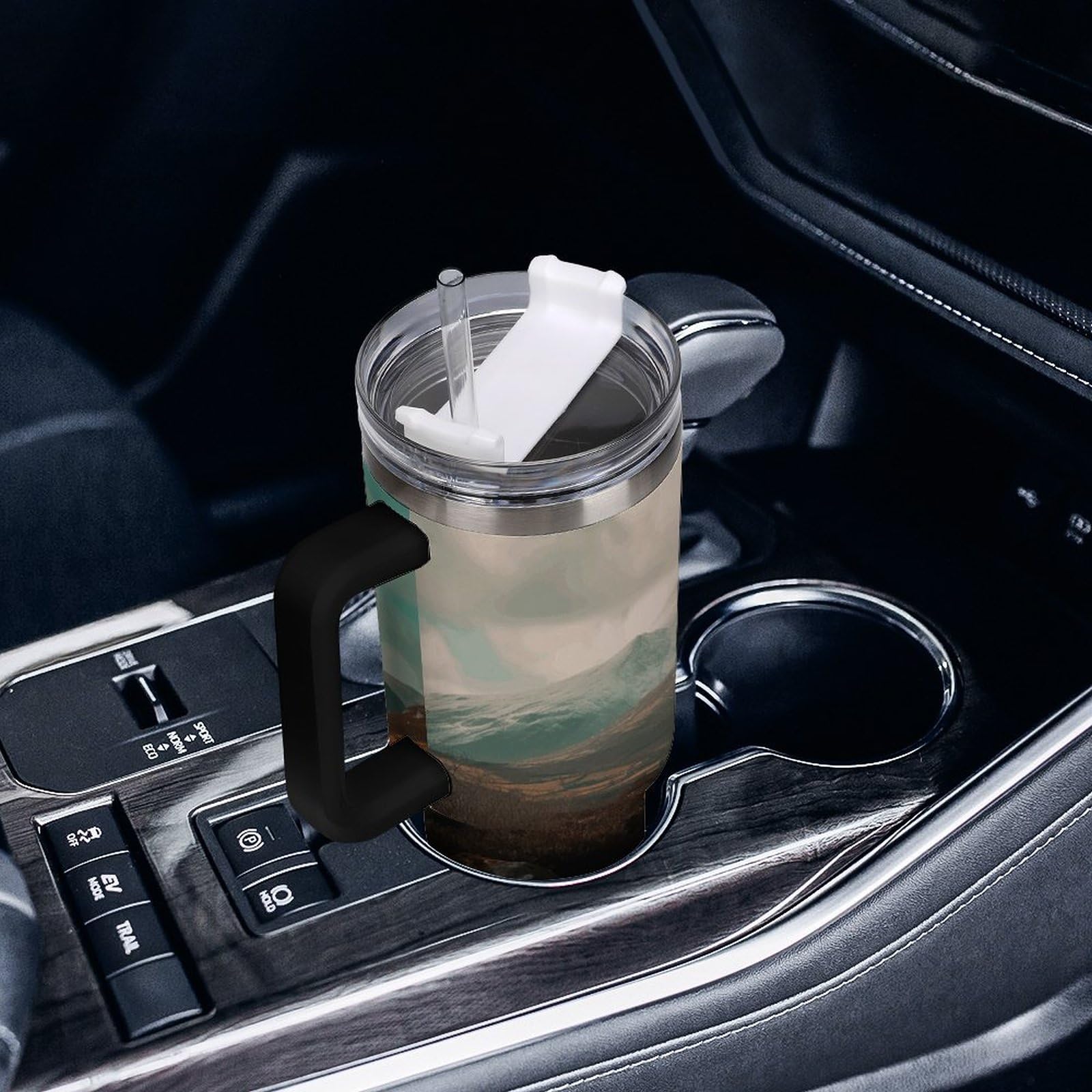 Tazas de ríos y montañas con popote y asa, taza de café con aislamiento al vacío de doble pared, botellas de agua para café helado, té, bebidas frías y calientes