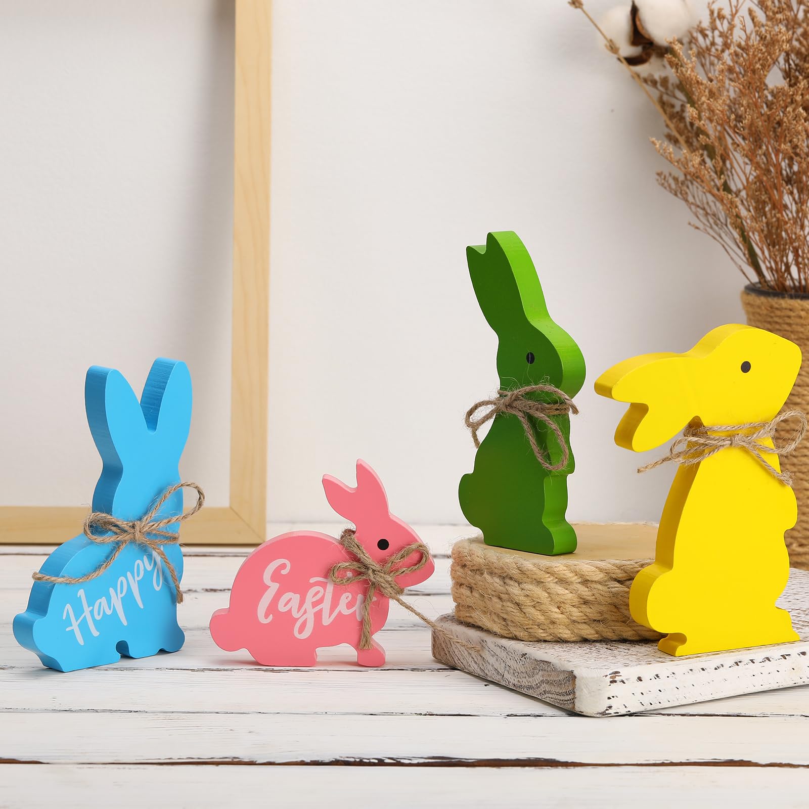 LIHAO Lapin Décoration Pâques En Bois - Set De 4 Ornements Mignons Pour Table, Fenêtre Et Fêtes Printanières
