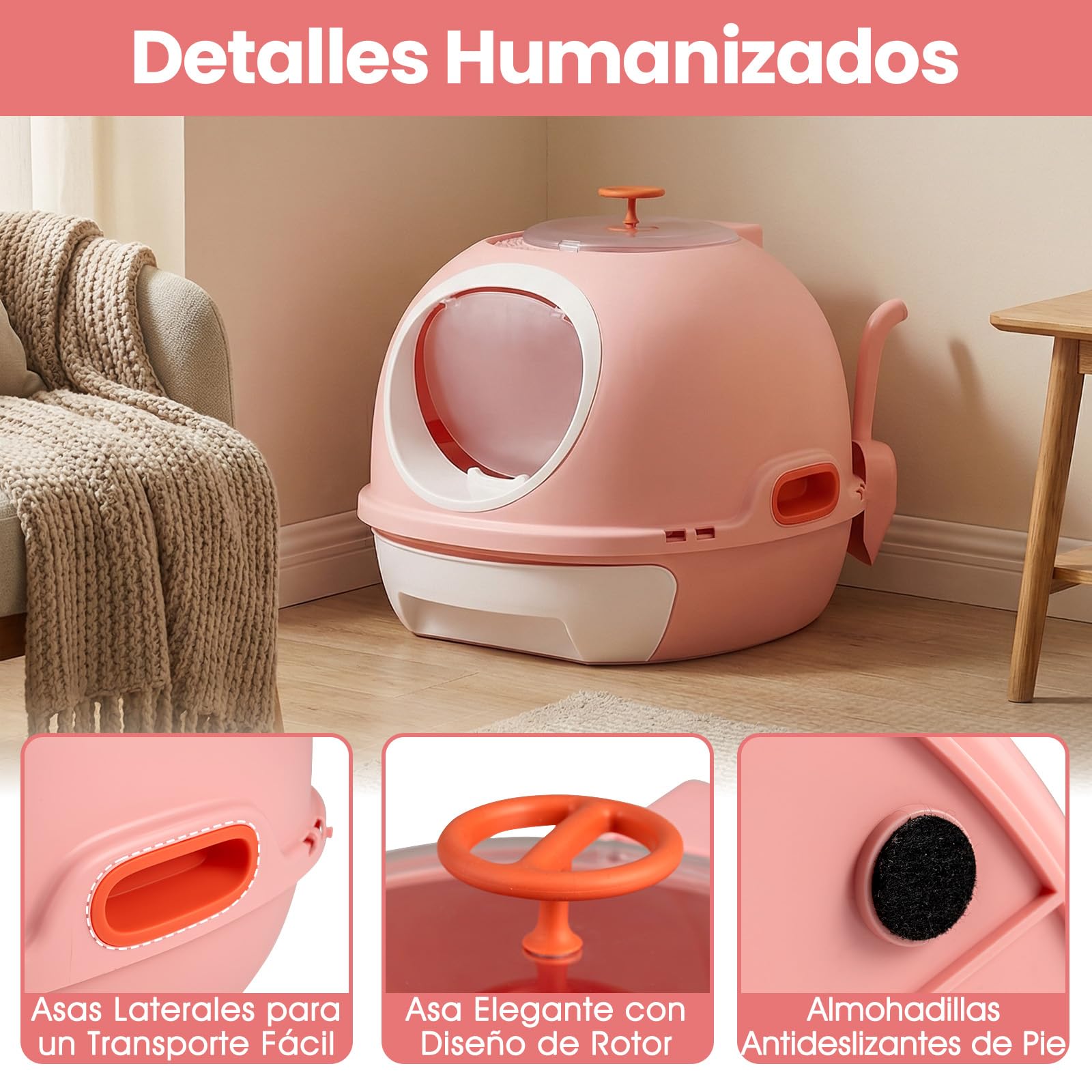COSTWAY Arenero para Gatos Cubierto, Estilo Helicóptero, Caja de Arena Plegable para Gato con Entrada Frontal y Salida Superior, Pala, Bandeja Portátil para Gatos Grandes, 54 x 46 x 39 cm (Rosa)