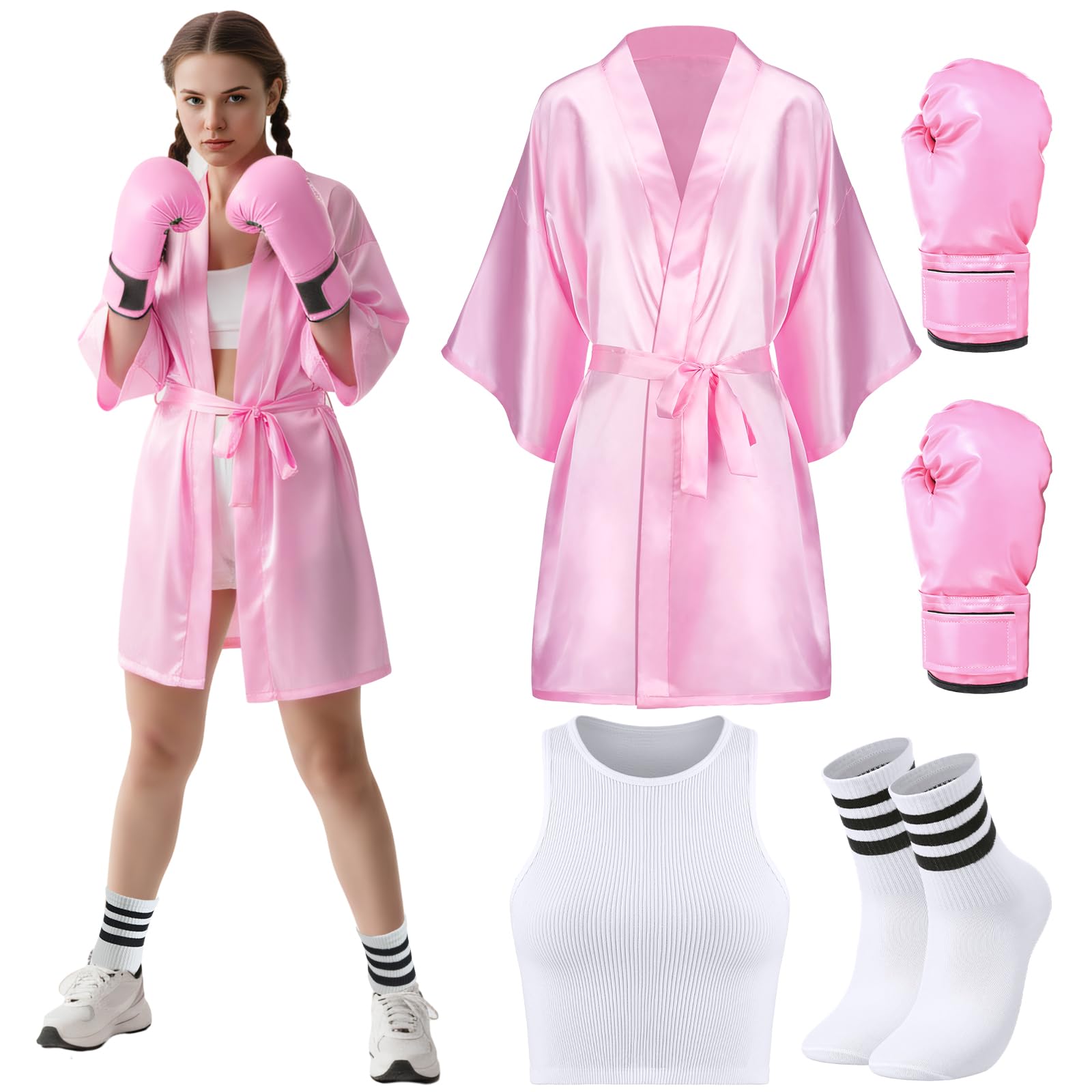 Maiteenly 5 Pcs Halloween Boxing Costume Set for Adult Women Pink Boxer Costumes Set with Satin Boxing Robe Face Paint