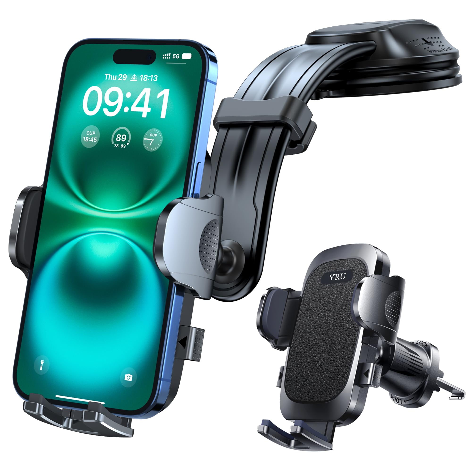 YRU 2026 Upgraded Safest Strongest Car Phone Holder Bendable Arm 360 Rotatable Suction Never Block View Cellphone Mount