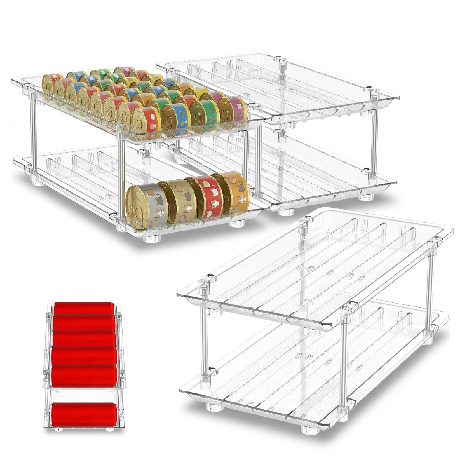 CBWERBB Can Organiser for Pantry,Adjustable & Stackable 2 Tier Canned Good Storage Organizer Rack,Automatic Rolling Storage Holder for Kitchen Fridge Cupboard,Holds Various Tins & Cat Food Cans