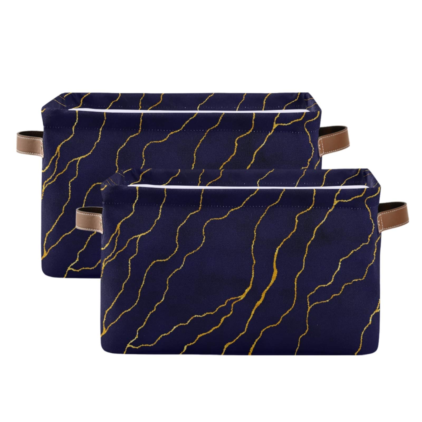 Large Foldable Storage Bin Gold Lines Foil Navy Blue Fabric Storage Baskets Collapsible Decorative Baskets Organizing Basket Bin with PU Handles for Shelves Home Closet Bedroom Living Room-2Pack