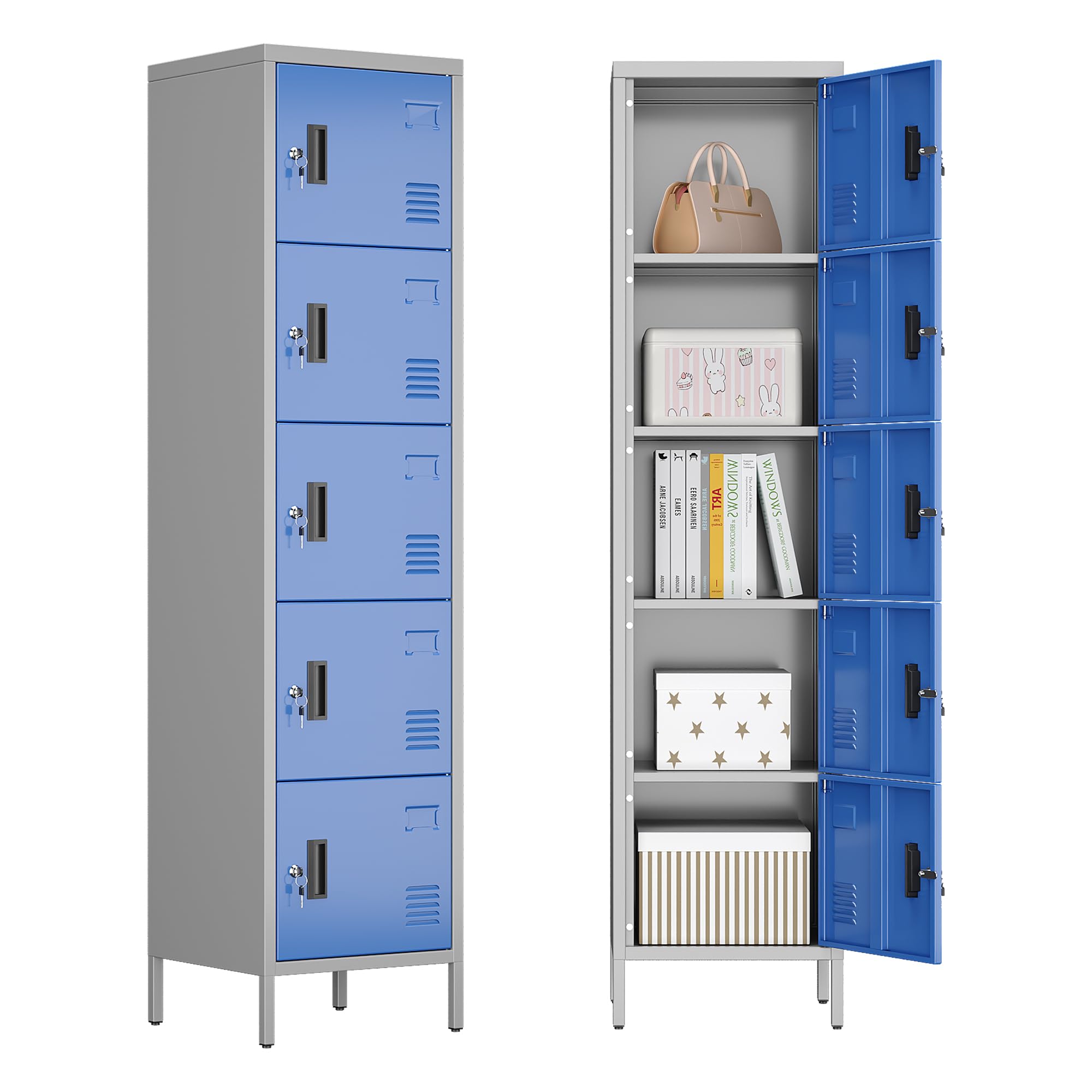 Armadio in metallo con aperture di ventilazione, armadio in metallo a 5 ante con porta badge, adatto per scuola, ufficio e casa, montaggio fai da te, 168 cm x 40 cm x 40 cm, grigio/blu