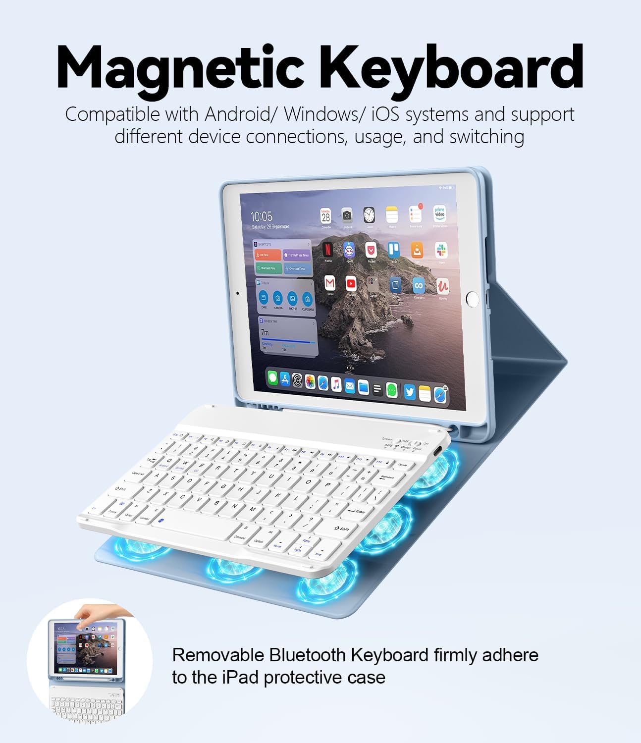 for iPad 9th 8th 7th Generation Case with Keyboard 10.2 Inch, Detachable Wireless Folio Keyboard Cover with Pencil Holder, iPad 10.2 Inch 2021/2020/2019 Model, Blue