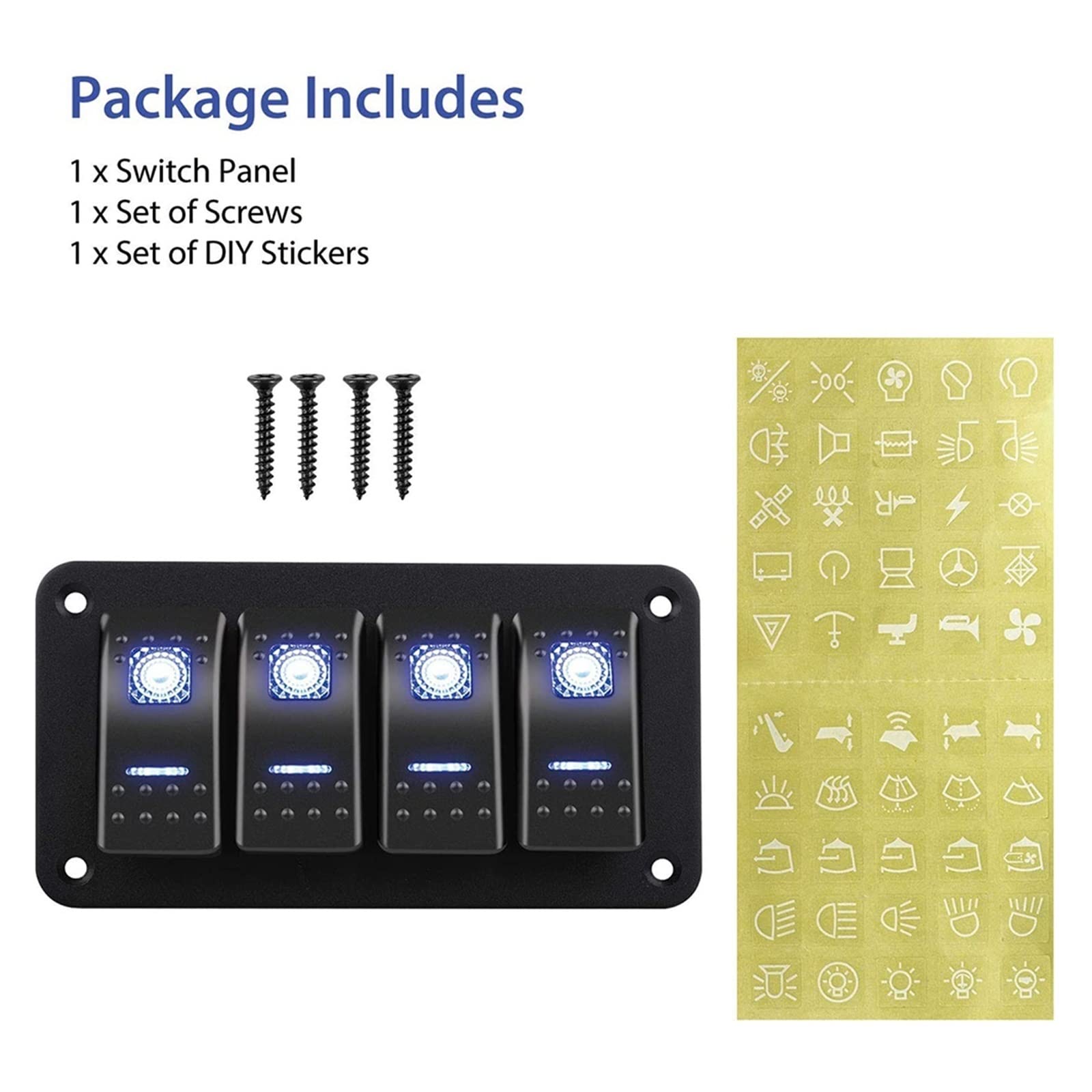 Panel de Interruptor basculante de Aluminio de 4 entradas, Interruptor basculante retroiluminado precableado de 5 Pines ON-Off con Juego de Pegatinas DIY for Coche