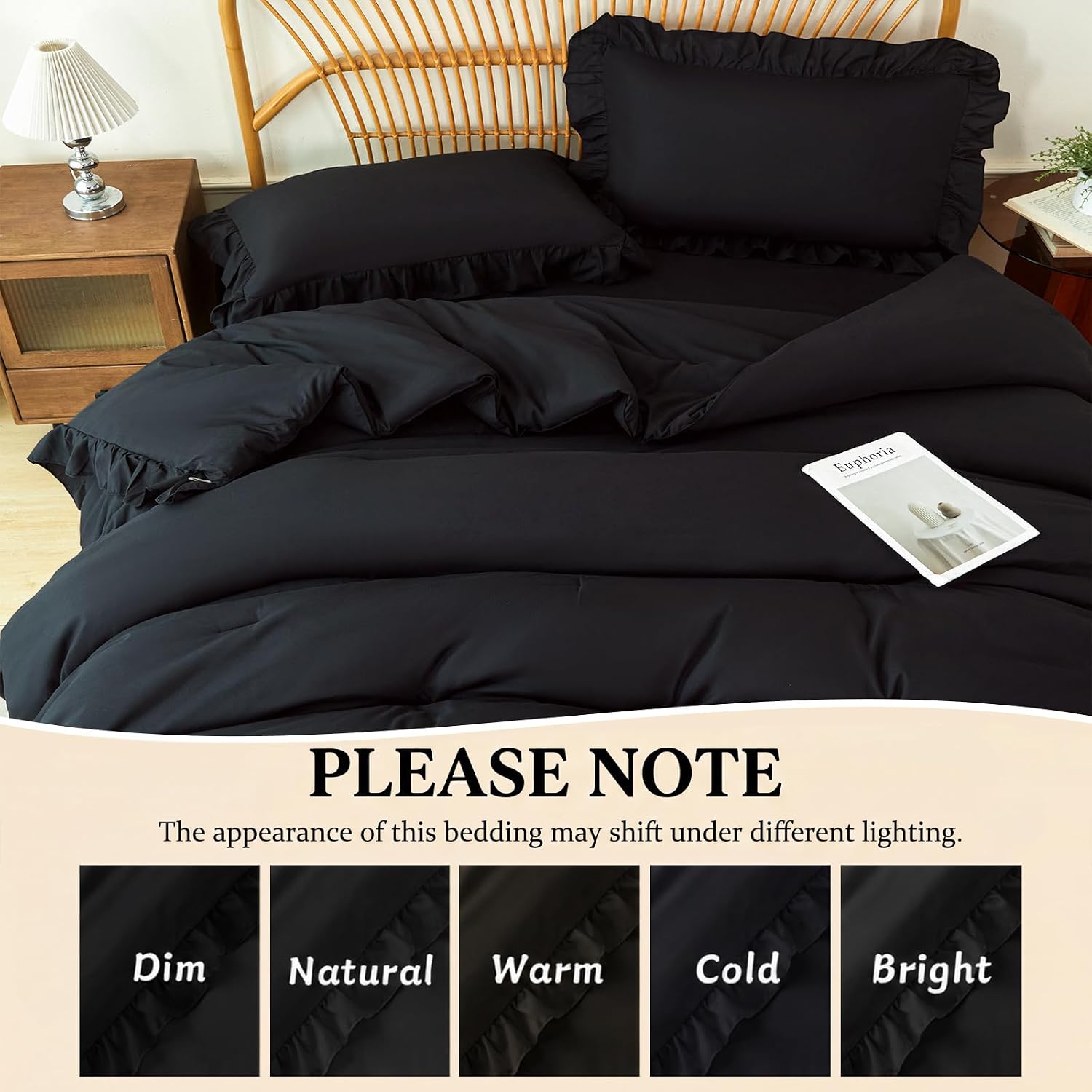 ZRNBAST 5 Pieces Bed in a Bag Full Size Comforter Set Black, Ruffle Shabby Chic Farmhouse Bedding Sets, All-Season Soft Lightweight Fluffy Farmhouse Bed Sets with Sheets & Pillowcases