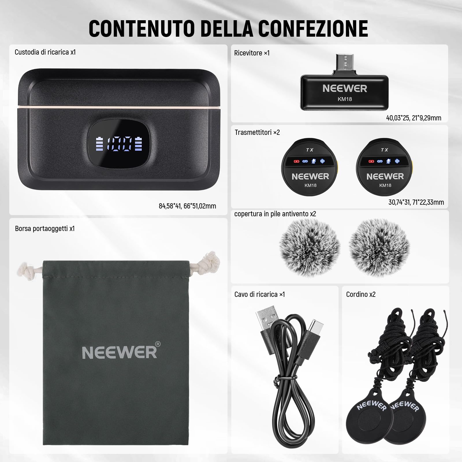 Neewer Microfono Lavalier Wireless per USB C con Custodia di Ricarica, Compatibile con iPhone/Android/PC/Laptop, Mini Mic a Bavero 48KHz/24Bit, Anti Rumore, Batteria da 24h per Vlog in Diretta, KM18
