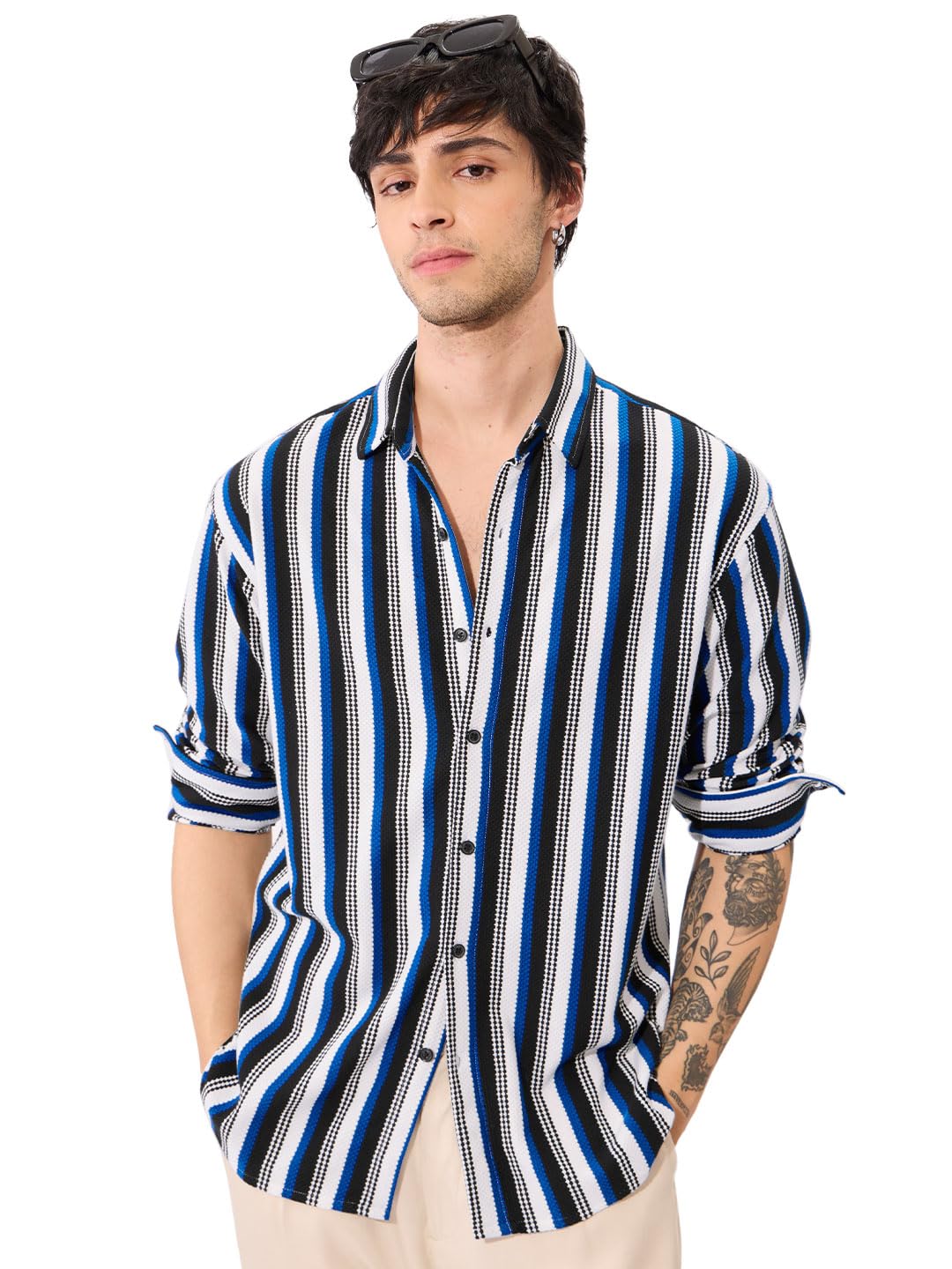 Stripes: Blue, White Men and Boys Long Sleeves Collared Neck Button Front Regular Fit Cotton Blend Textured Shirts-image-24