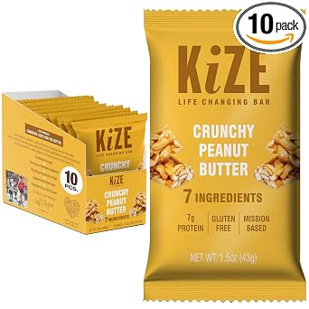 KiZE Energy Bars - Crunchy Peanut Butter - Gluten Free, Dairy Free, Non-GMO, and High Protein Meal Replacement Energy Bars, Clean and Simple Food Ingredients - 7g High Protein Snacks, 10 Count