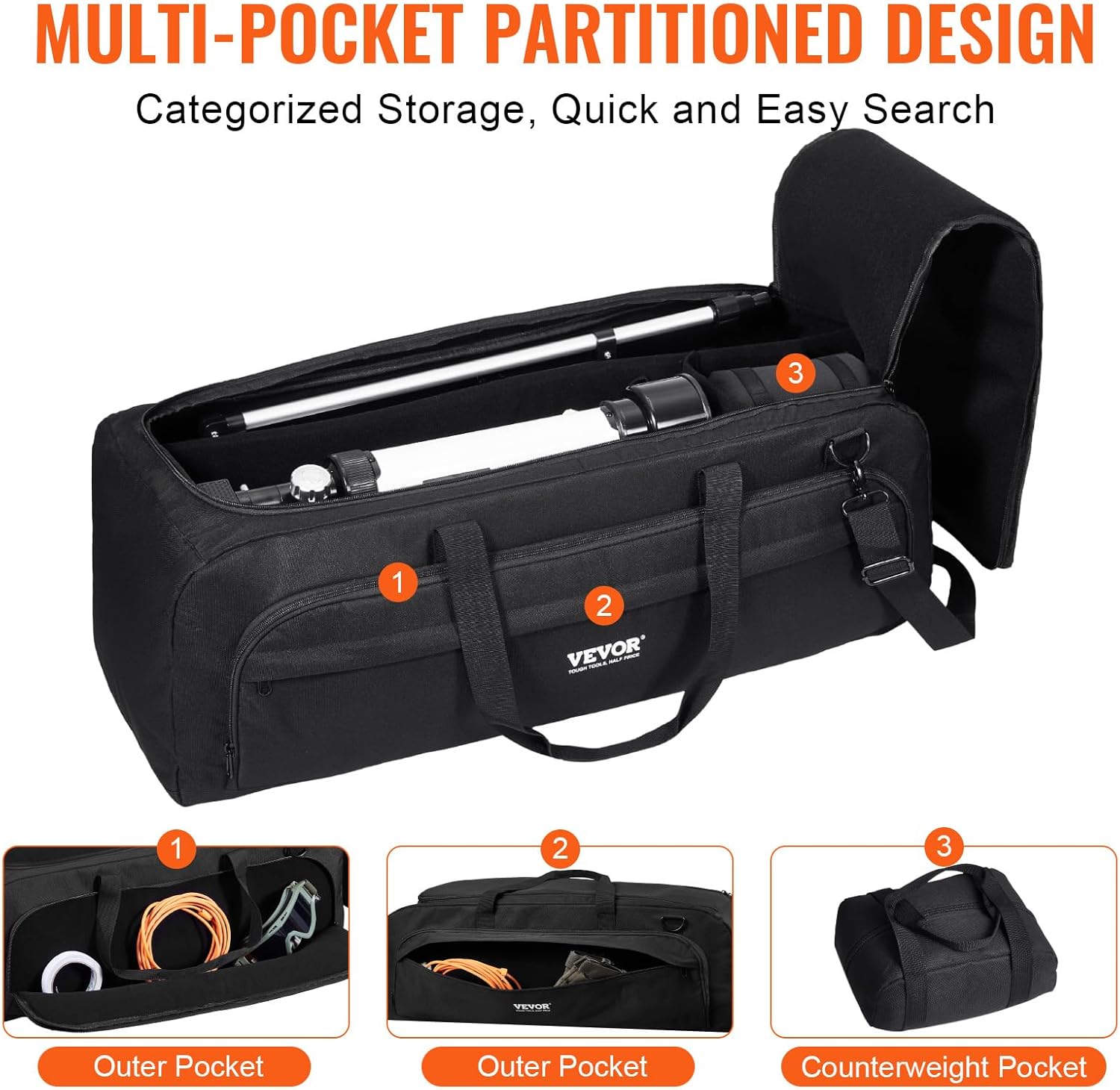 VEVOR Telescope Case, 30.3", Telescope Storage Bag with Fixed Buckles, Multi-Pocket & Detachable Divider, Shock-Absorbent Telescope Travel Carrying Bag for Optical Tube & Tripod, Counterweight Pocket