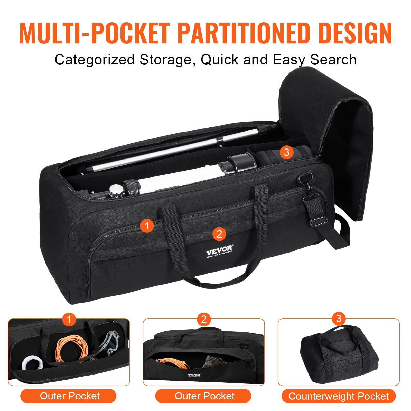 VEVOR Estuche para Telescopio de 770 x 320 x 270 mm, Bolsa para Guardar Telescopios con Hebillas Fijas, Bolsillos Múltiples y Divisor Desmontable, Bolsillo para Contrapeso para Tubo Óptico y Trípode