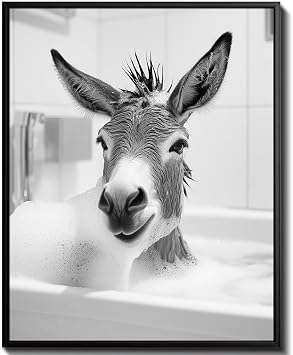 uniro Funny Bathroom Wall Art Prints, Black and White Donkey in Bath Bathroom Picture Wall Decor, Cute Animal Canvas Print Painting, Modern Bathroom Signs Wall Art Poster for Bathroom Decor 8"x10 - UNFRAMED