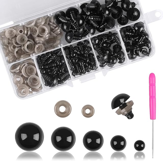 100pcs Safety Eyes with Washers, funvce Plastic Black Doll Eyes,DIY Craft Toy Eyes for Making Teddy Bear,Plush Animals, Knitted Toys (5mm/6mm/8mm/10mm/12mm)