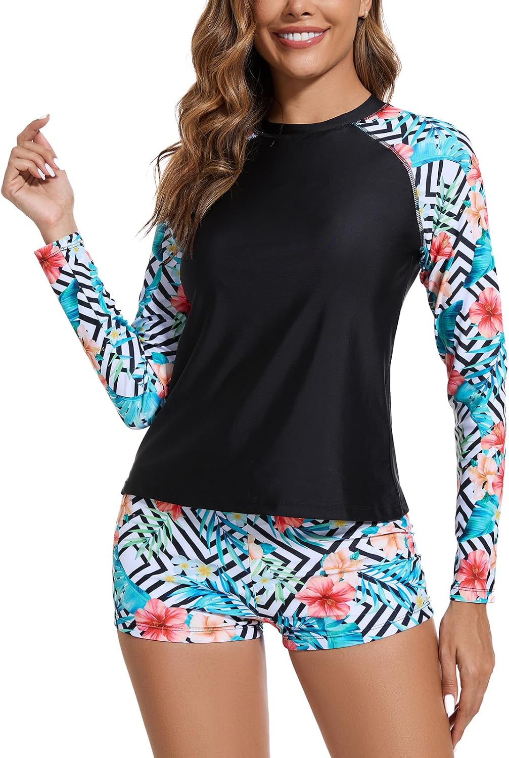 Long Sleeve Rash Guard Swimsuit for Women Two Piece Bathing Suit with Boyshorts Swimming Suits for Women