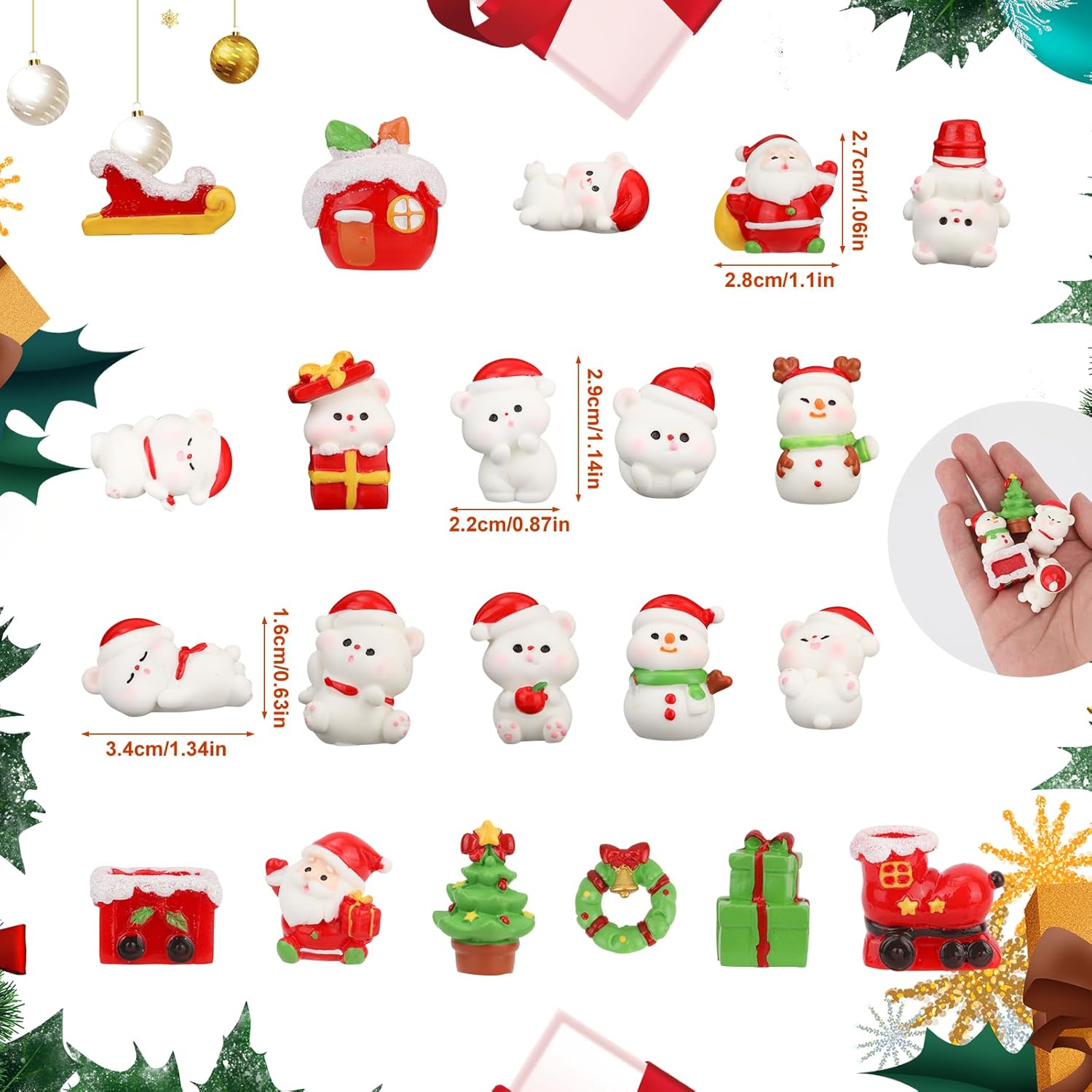 21pcs Mini Christmas Resin Figures, Tiny Resin Christmas Figurines Decorations Christmas Tree Elk Bear Mini Snowman Ornaments Small Christmas Ornaments for Garden Dollhouse Landscape - Image 2