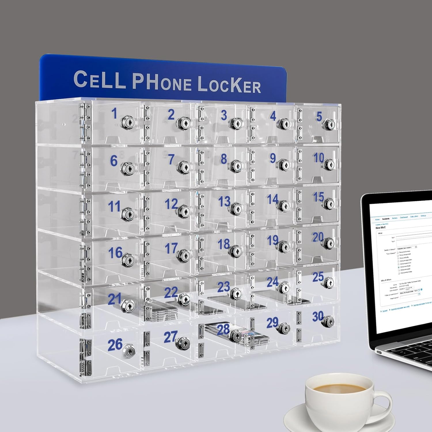 Mobile Phone Storage Box Transparent Acrylic Mobile Phone Security Locker with Key,30-Slot Clear Cell Phone Storage Locker - Durable Lock Box Cabinet for Schools, Offices, Events - Secure &