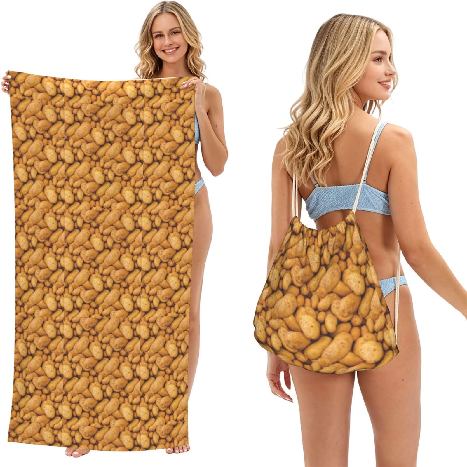 Poadnly As Picture Have A Potato Painting Effect, 2 In 1 Packable Towel Bag, Beach Towels With Drawstring Backpack For Travel Holiday Camping
