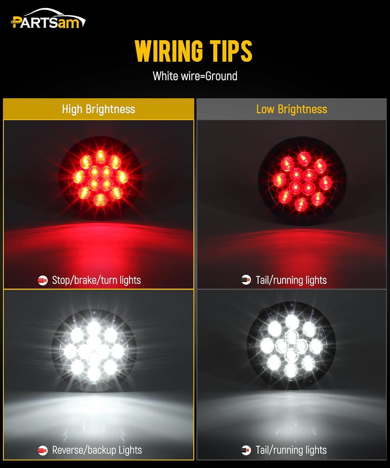 Partsam 4 Red + 2 White 4" Round Led Stop Turn Tail Back-up Reverse Fog Lights Include Lights Flange Mount 12 LED for Truck Trailer RV