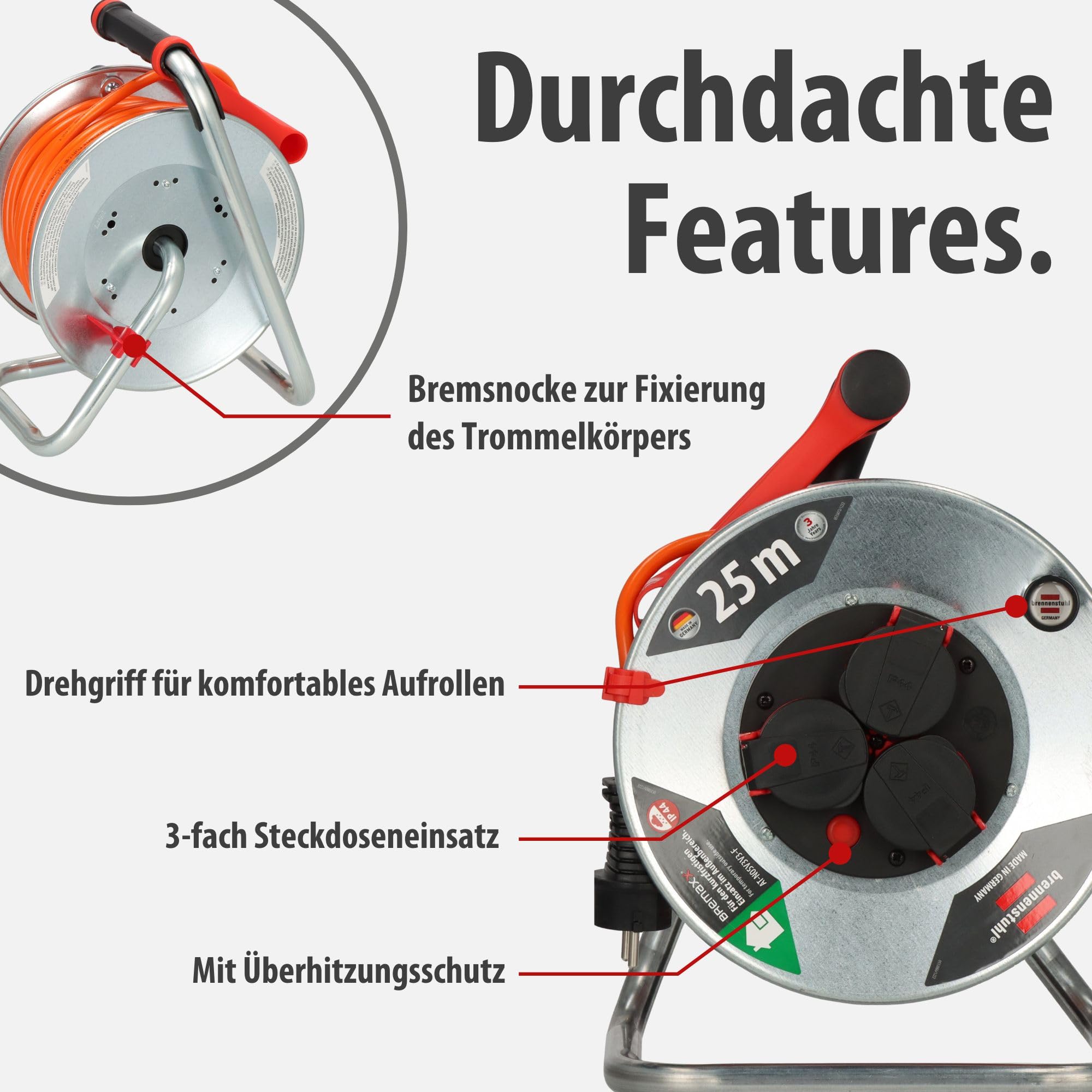 Brennenstuhl Garant S V2 IP44 Kabeltrommel 25m outdoor (Made in Germany, Kabel in Signalfarbe orange, Stahlblech, kurzfristiger Einsatz im Außenbereich)