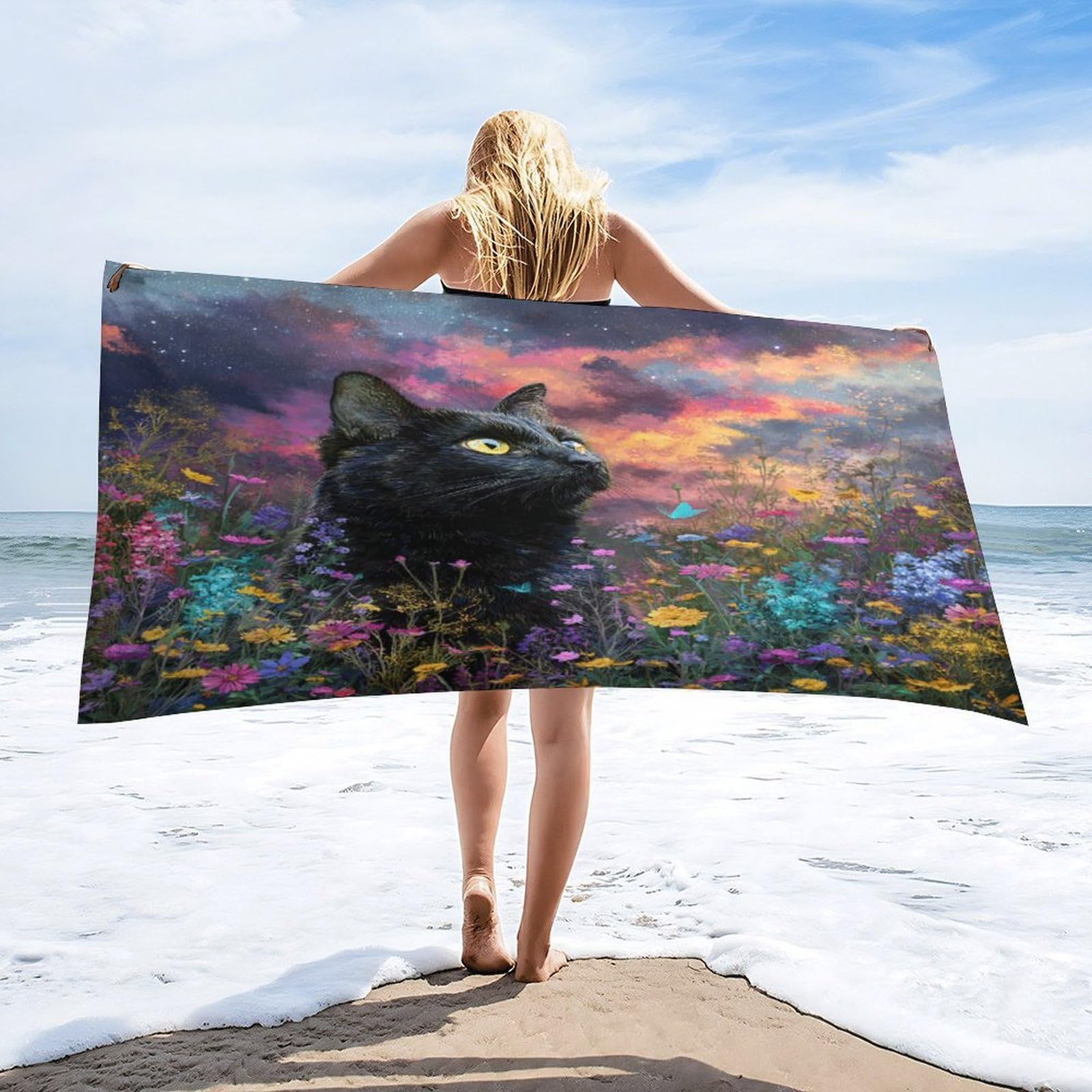 Luyysky Colorful Cute Black Kitten Quick-Drying Beach Towel, Beautiful Realistic Sunset Botanical Plant Daisies Floral Animal Cat Travel Vacation Single Sided Pile Bathroom Towels-80 W Cm X 160" L Cm