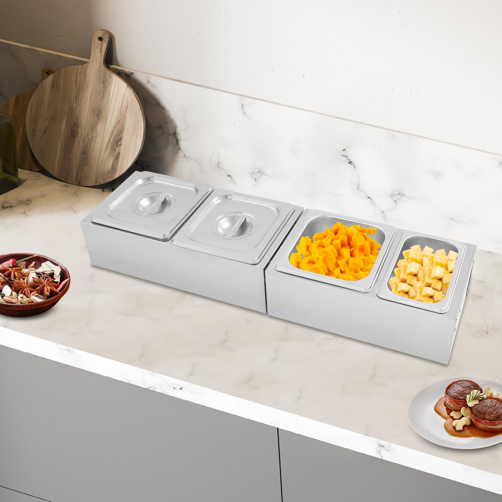 Contenitore per spezie in acciaio inox, da cucina, per spezie, da cucina, con 4 scomparti e 2 supporti per cucina, ristorante, buffet