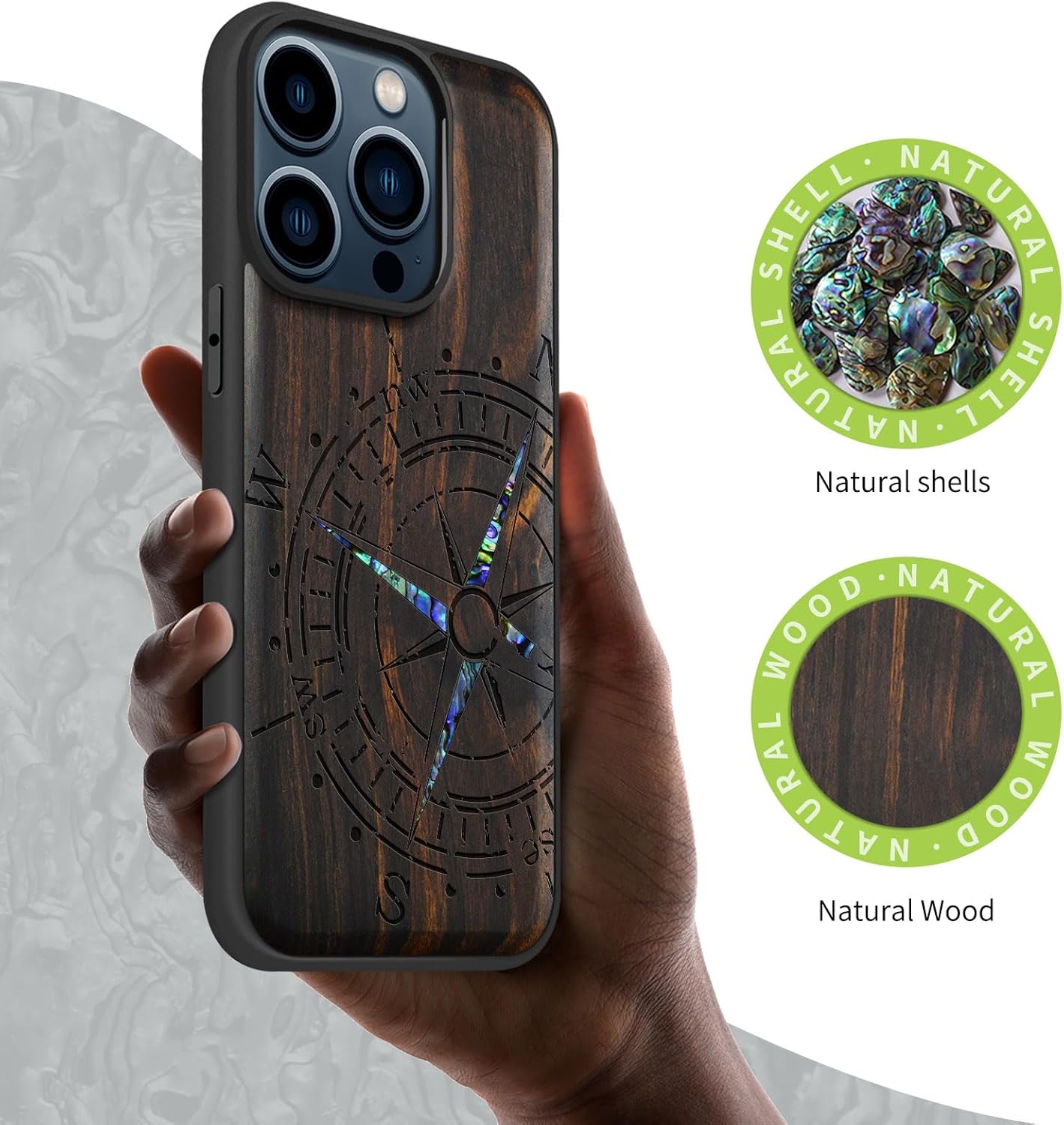 Carveit Wooden Case for iPhone 15 Pro Magnetic Case, Compatible with MagSafe Wireless Chargers, Shockproof Cover, Handmade Shell Inlaid & Wood Artisan Engraved (Incomplete Compass) Blackwood