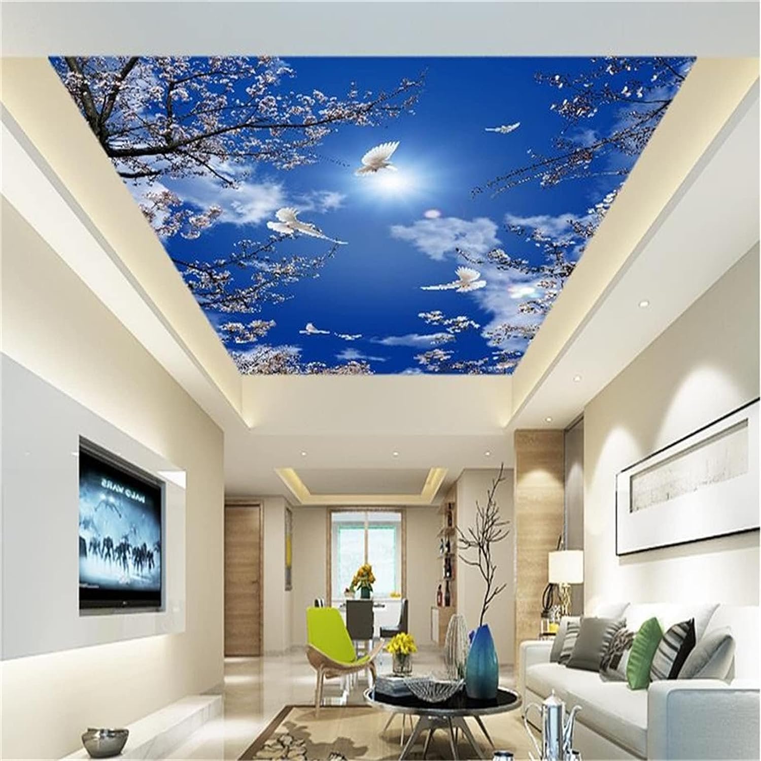 Sunshine Dove Wall Mural Decal, Landscape Ceiling Peel and Stick Self-Adhesive Wallpaper Removable Large Sticker Foil Print Picture,for Living Room Wall Deco,79"Wx55"H