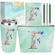 Personalized Gifts Monogrammed Birthday Gifts for Women, Aunt Grandma Retirement Christmas Initial 20 oz Tumbler, Makeup Bag Cup Ballpoint Pens Journal Notebook 6 Set, (Aesthetic Green Flower F)