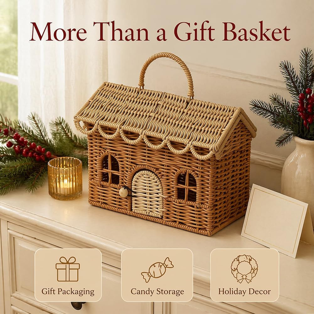 Wicker House Shaped Basket with Lid, Rattan Storage Basket for Picnic or Small Dollhouse, Decorative Woven Basket for Gift Wrapping, Basket Purse