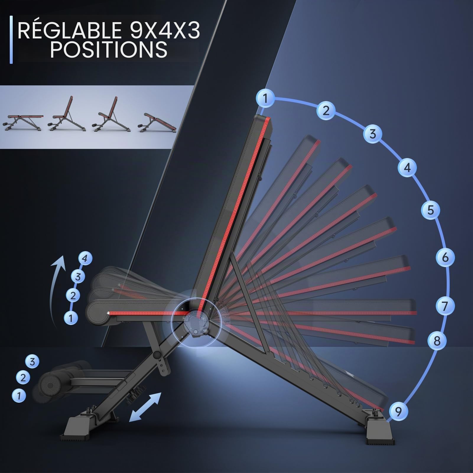 PASYOU Banc de Musculation Pliable avec 9x4x3 Positions Réglables Bancs multi-inclinable Declinable - Banc Musculation Complet pour la Salle de Gym à Domicile, charge de poids max.318kg