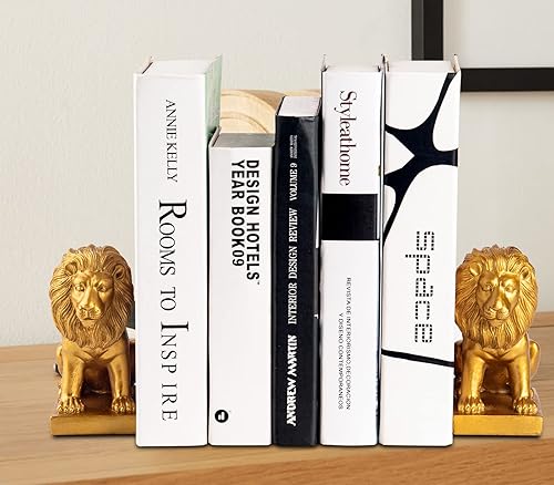 Miniatura 2 de Extremos de libro de león para el hogar, 2 sujetalibros dorados, decoración para libros, sujetalibros resistentes para estantes, estantes antiq