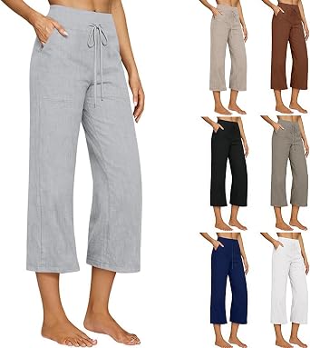 Petite Linen Capri Pants for Women Cropped Plus Size Beach Yoga Pant High Waisted Capris with Pocket