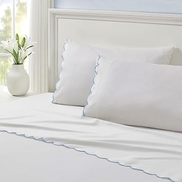 Peri Home 100% Cotton Sheet Set, Twin, White with Blue Scallop, 3-Piece