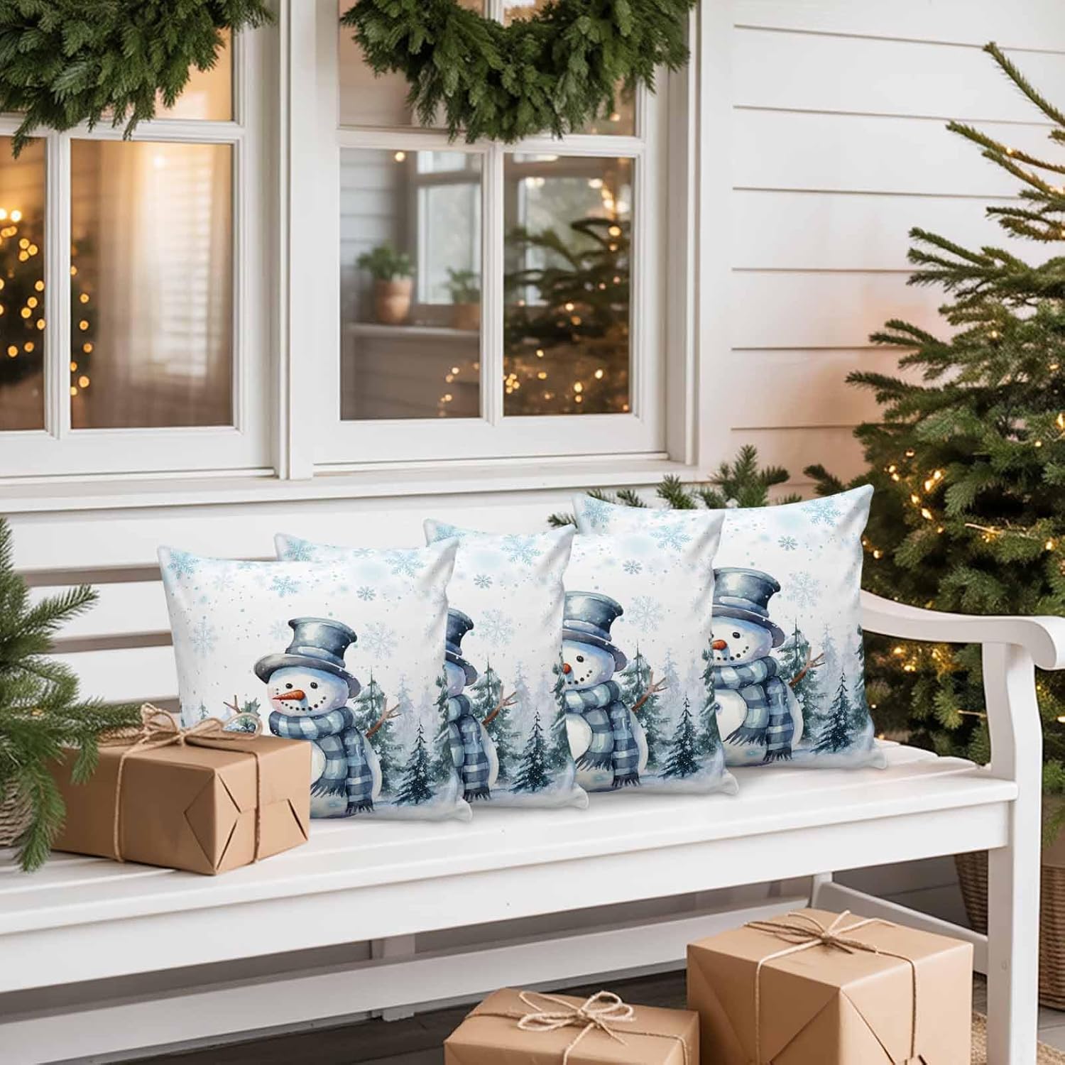 Winter Snowman Outdoor Pillow Covers Set of 2, Christmas Watercolor Xmas Tree Decorative Waterproof Throw Pillowcase Geometry Snowflakes Cotton Linen Soft Cozy Cushion Cover Pillowsham 20x20In