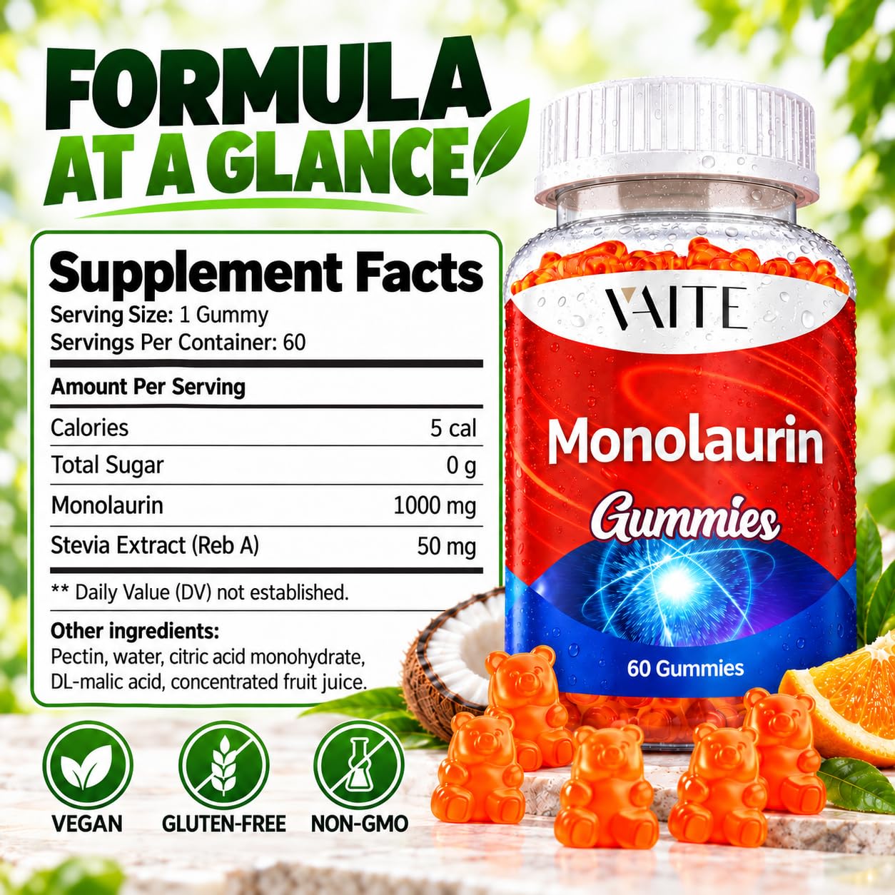 Monolaurin Supplement 1000mg Gummies - Immune Boosters for Adults, Acne Supplements, Supports Gut Health & Flora Balance, Intestinal Health & Digestive Formula, Non GMO, Gluten-Free, 60 Vegan Chews — Amazon image 3