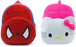 blue tree Kid's Soft Velvet Cartoon School Plush Combo Backpack,Mini Bag,Travel Bag for Baby Boy/Girl (Spiderman & Hello Kitty)