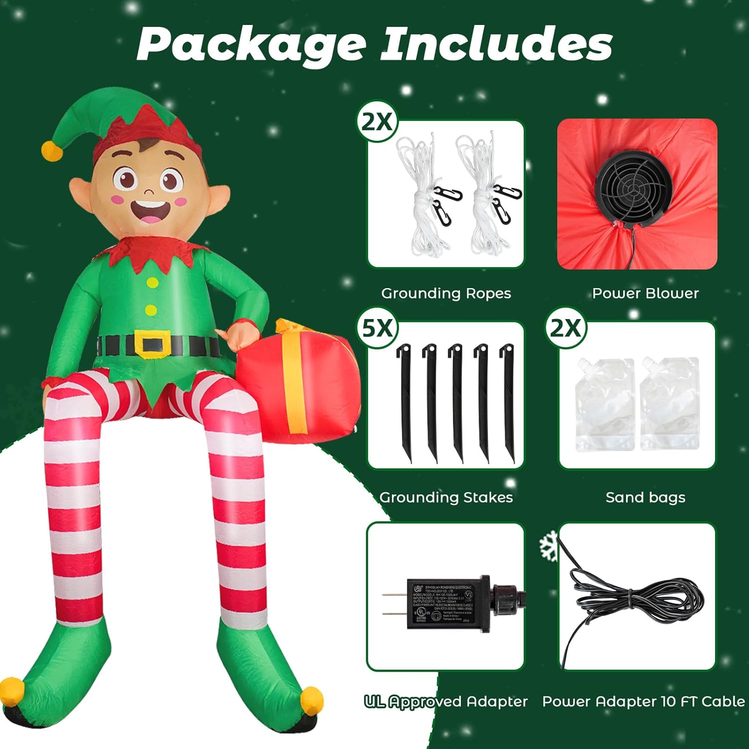 Christmas Inflatable Outdoor Decorations, 8FT Elf Christmas Inflatables, Partyotu Sitting Elf Inflatable Outdoor Decor,Blow Up Christmas Decor with LED, Gift Box for Party Lawn Garden Yard Outdoor
