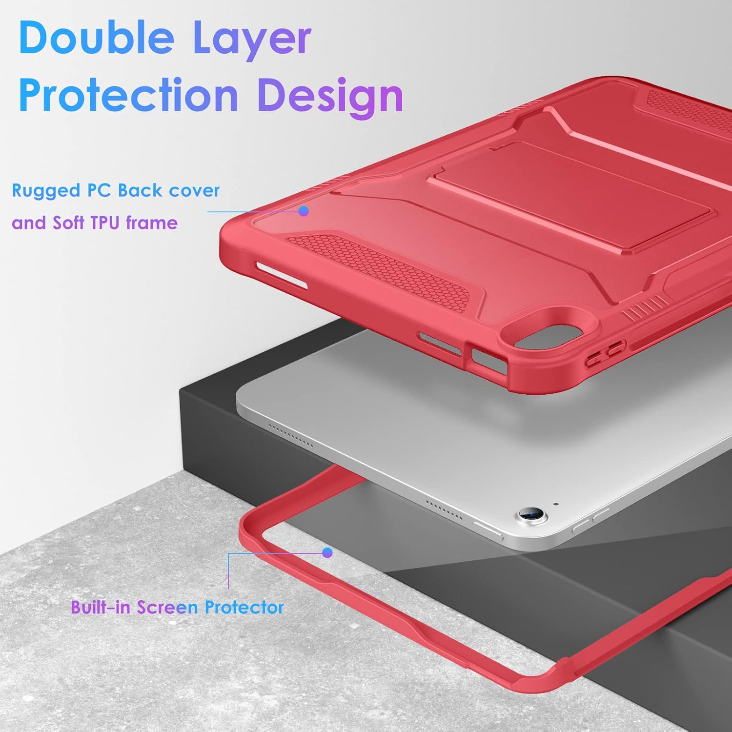 DTTO for iPad 10th Generation 10.9 Inch 2022 Case, Durable Shockproof Full Body Protective Cover and 2 Pack HD Clear Tempered Glass Screen Protector, Red