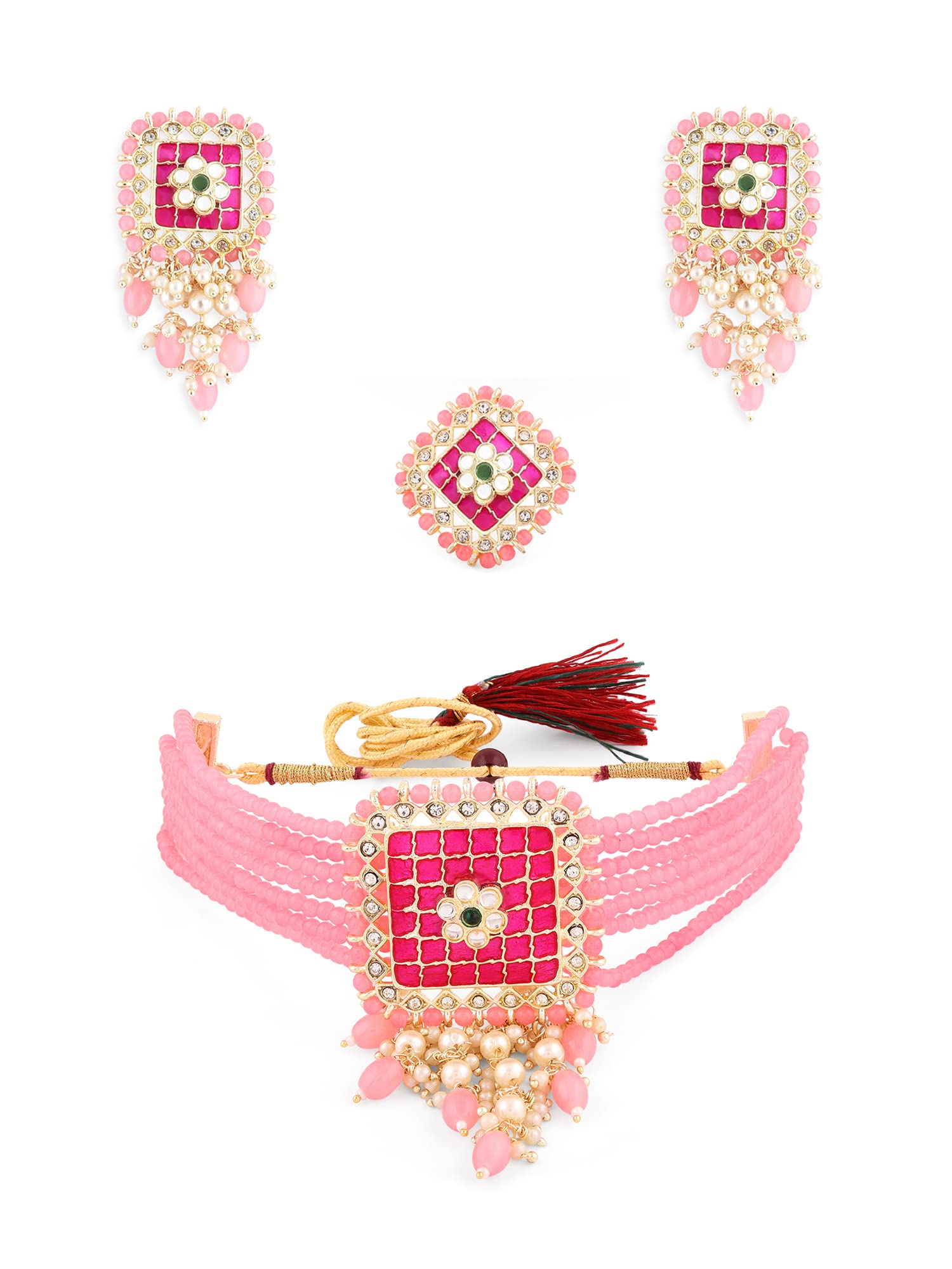 ZAVERI PEARLS Pink Meenakari Multistrand Kundan Choker Necklace Earring & Ring Set For Women-ZPFK14694 (B0BCGP8WLD) Amazon Price History, Amazon Price Tracker