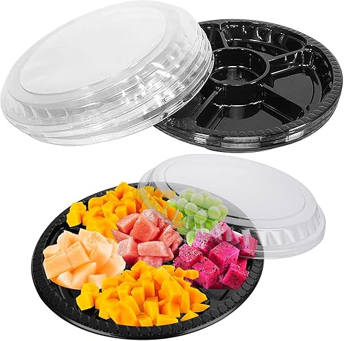 15 bandejas divididas para servir, bandeja redonda de plástico para aperitivos con tapa transparente, recipientes desechables de 10 pulgadas,