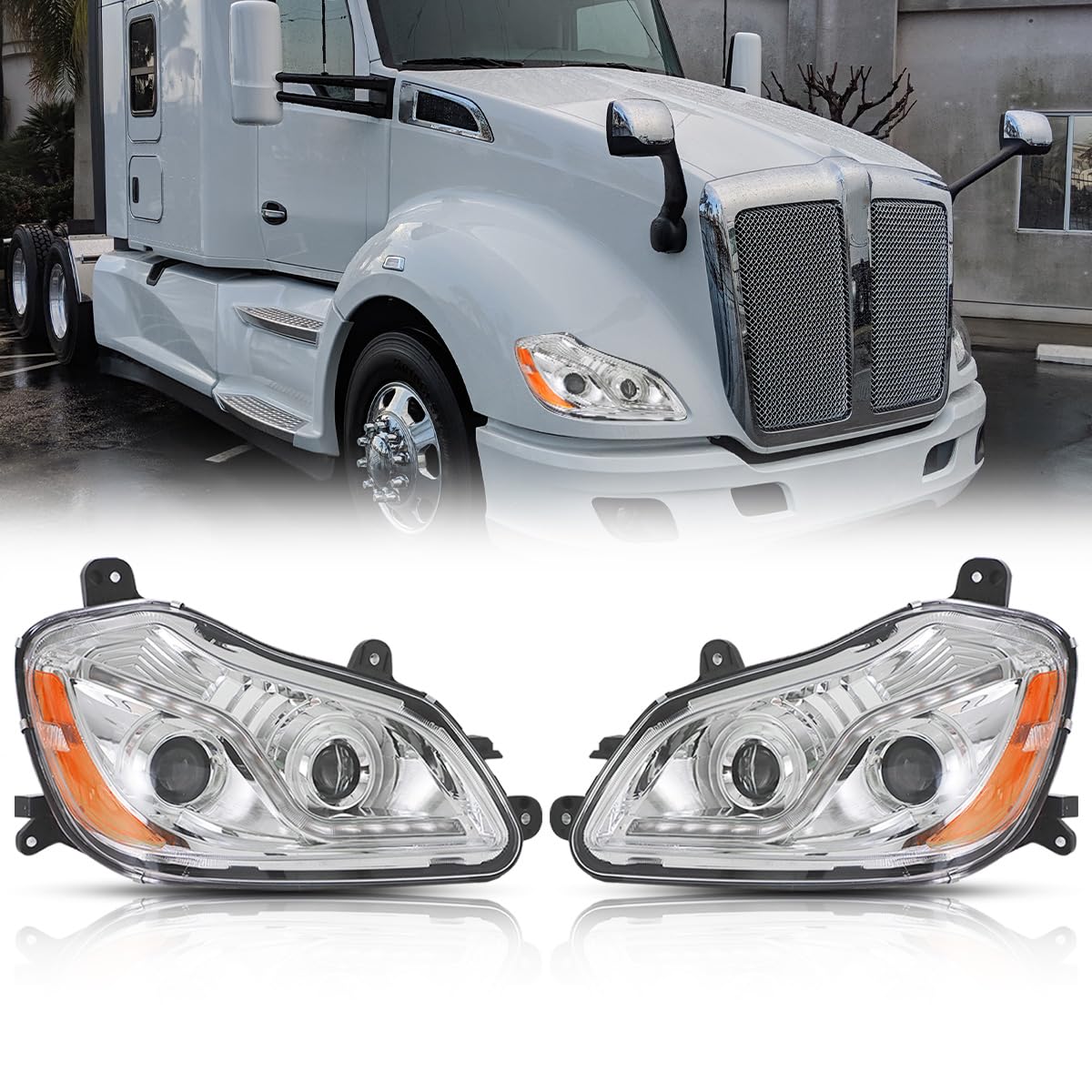 Photo 1 of EEYGATUO LED Projection Headlights Compatible with Kenworth T680 Semi Trucks 2013-2021 DOT SAE Approved Left and Right Assembly Chrome