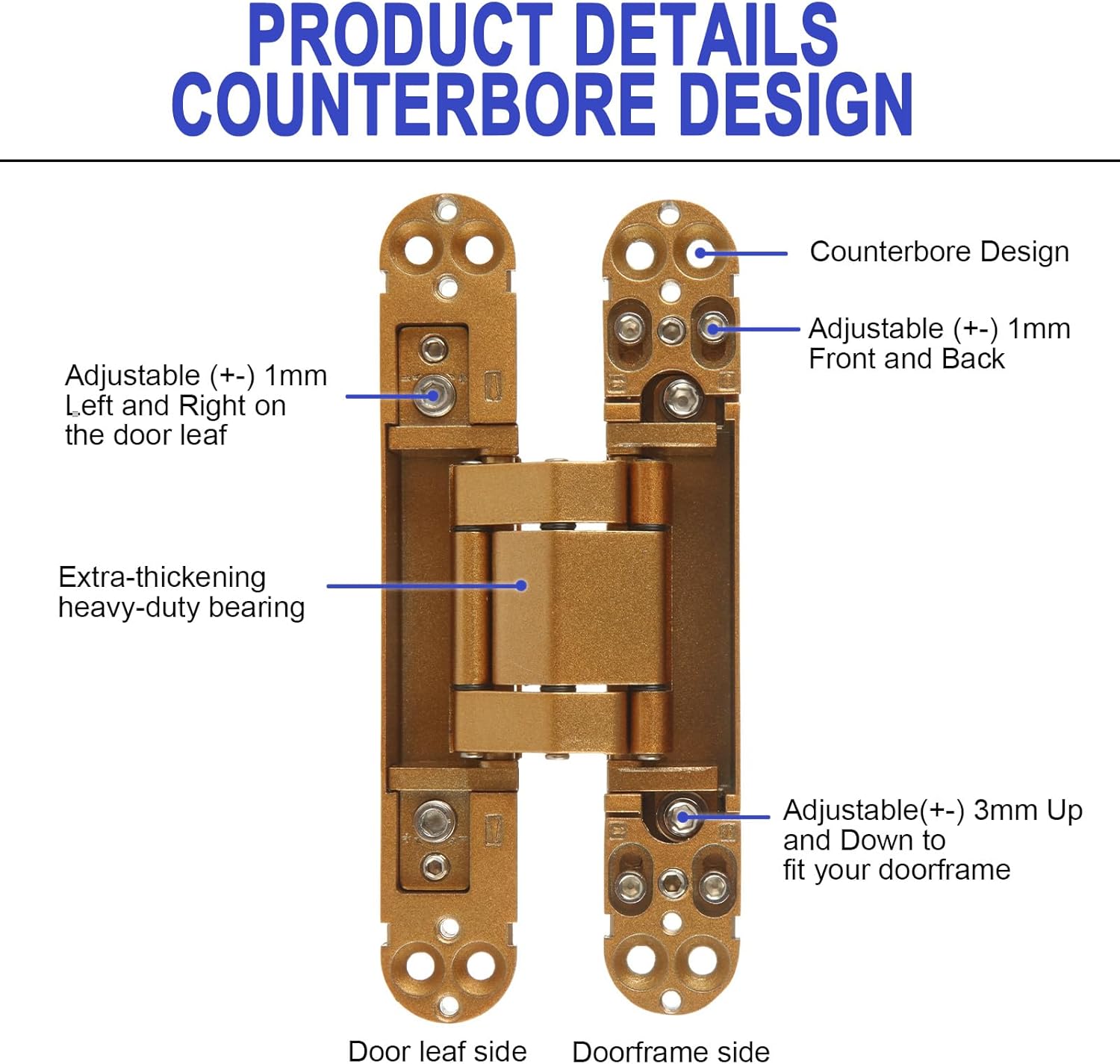 2 PCS 6 Inch Hidden Door Hinge Heavy Duty Invisible Hinges Gold Concealed Door Hinge 180 Degree 3-Way Adjustable Butt Hinge, 88 Lb Load Capacity(6 x 2.5 x 1)