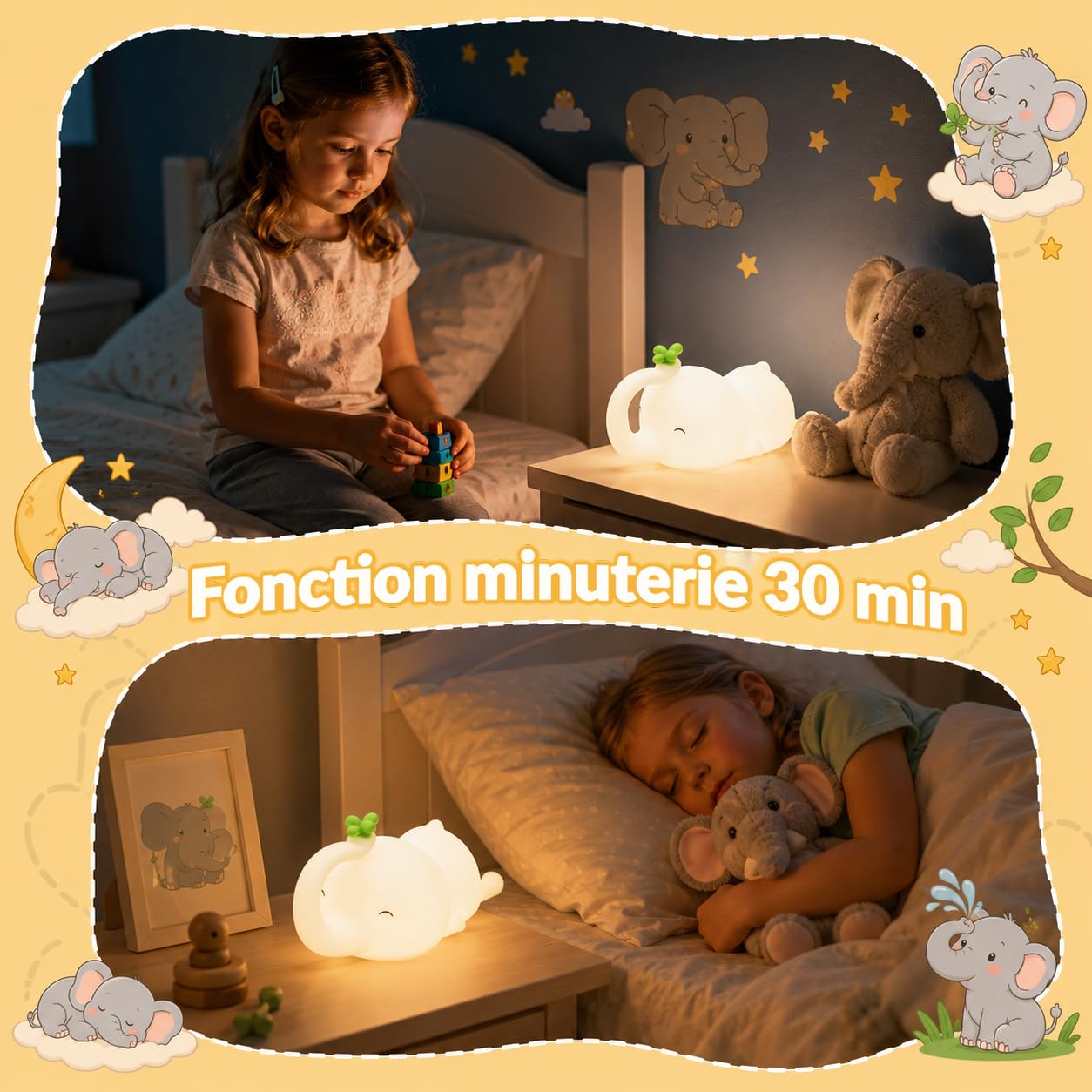 Winkee - Lampka nocna słoń Nellie I lampka nocna dla niemowląt I światło do karmienia ściemniane dotykowe I lampka nocna ładowanie przez USB
