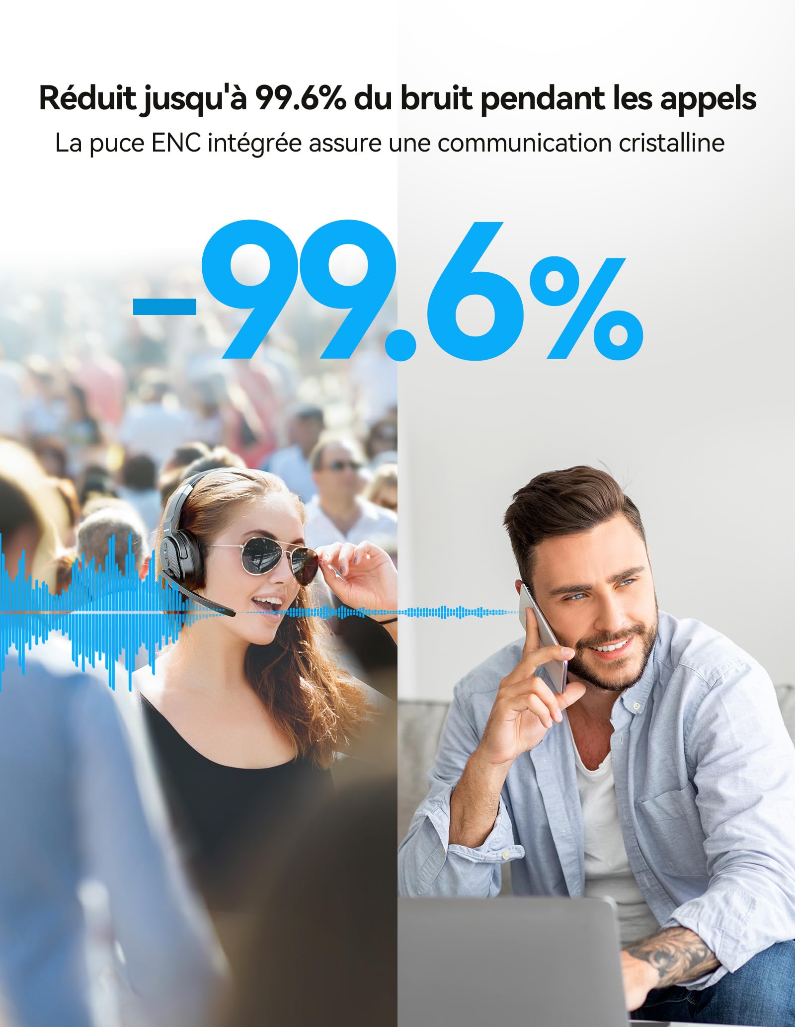 TECKNET Casque Bluetooth sans Fil avec Micro, Casque sans Fil Simple et Double Oreille avec 3 Modes de Musique EQ, Casque Anti Bruit Bluetooth ENC, pour Centres d'appels, Bureaux, Camionneurs