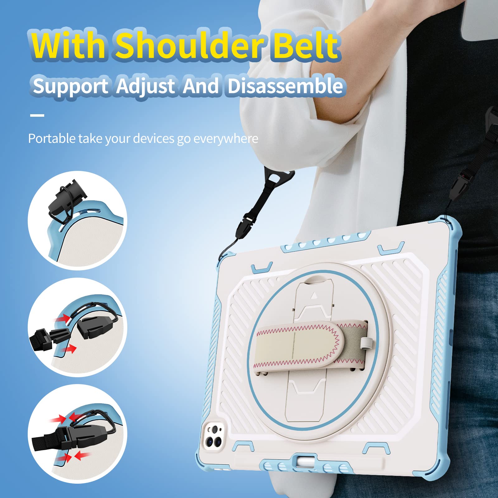 Coque antichoc pour iPad Pro 12.9 2022/2021/2020/2018, coque de protection robuste double couche pour iPad Pro 12,9" 6e/5e génération, dragonne avec support à 360° + bandoulière, blanc